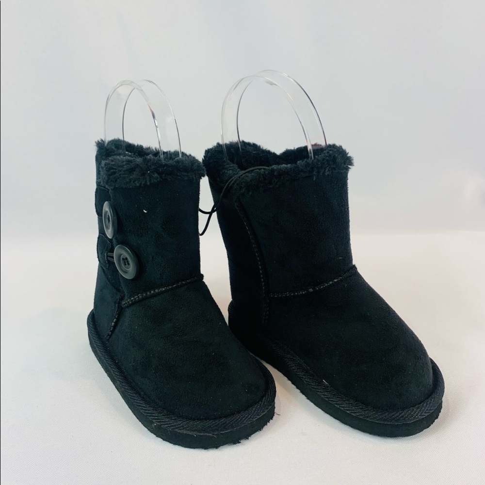 Brand New Girls Black Lined Boots With 2 Buttons - Picture 3 of 5